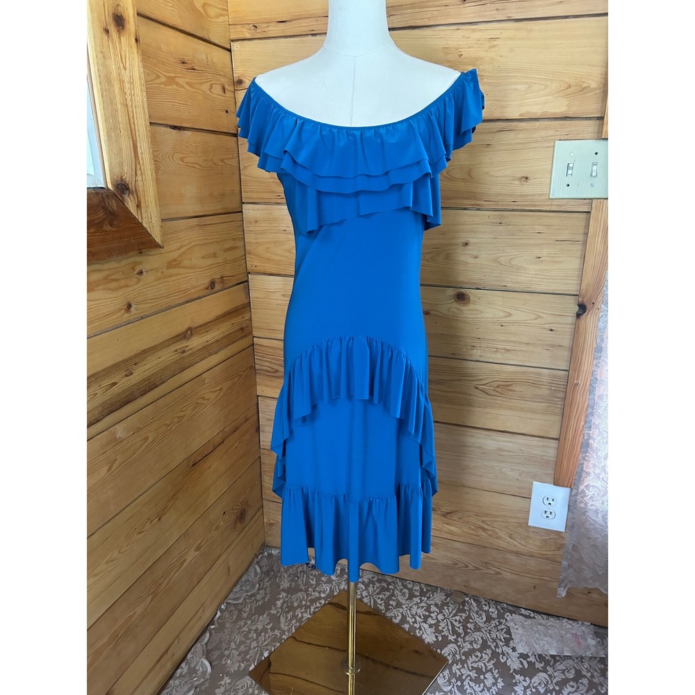 Vintage Off Shoulder Tiered Ruffle Midi Dress Teal Blue Mermaidcore Clientele